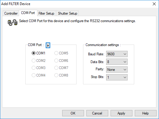 Filter Device COM Port Setup